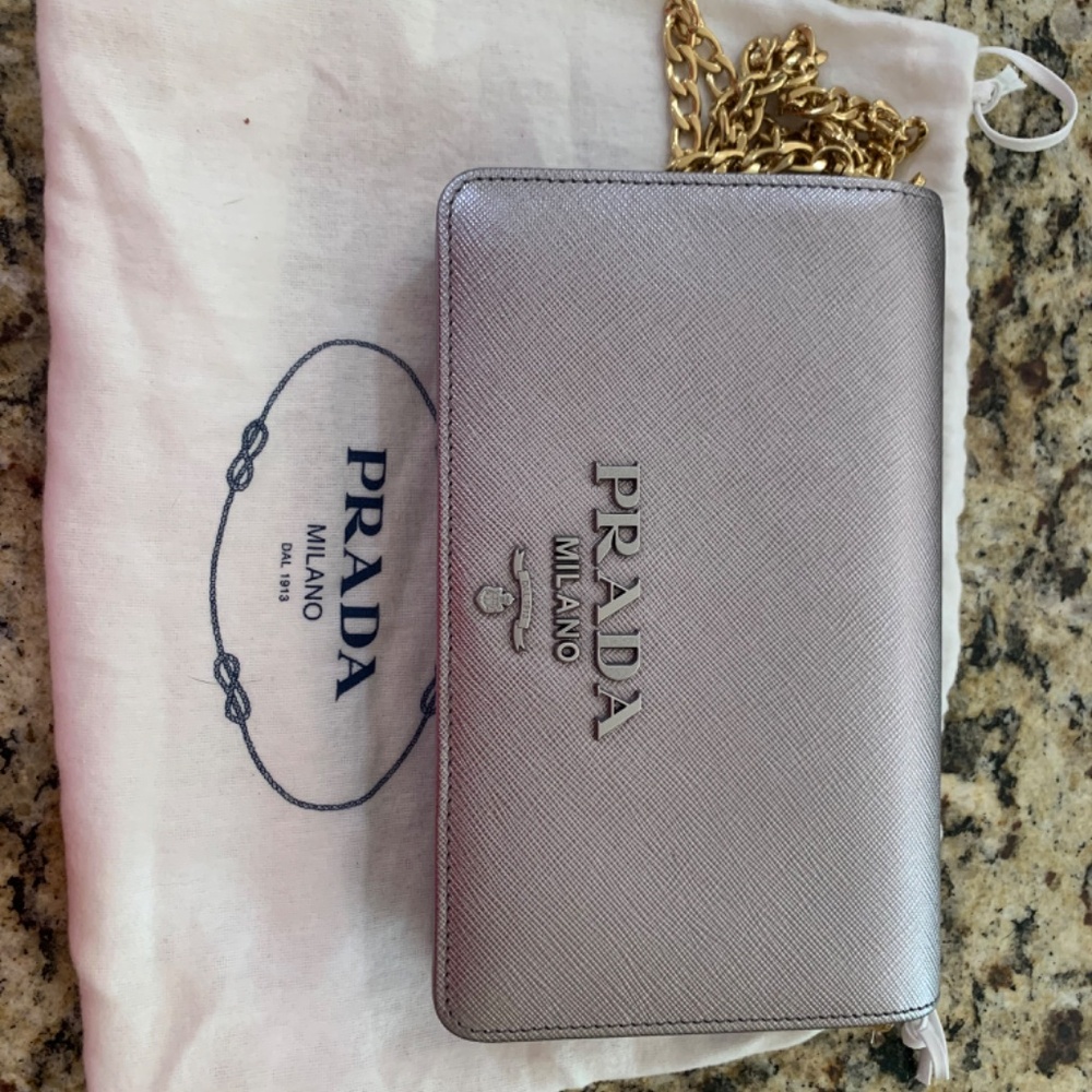New Authentic Prada Saffiano Leather Cross Body Bag (Pewter)